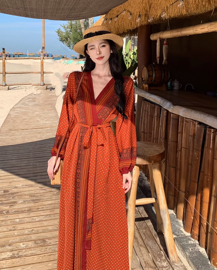 Travel wear retro ethnic style one-piece dress long sleeve seaside holiday wrap dress R1626