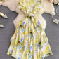 Gentle style stand-up collar, slim waist, printed A-line long swing dress 2025 high waist elegant long skirt R0359