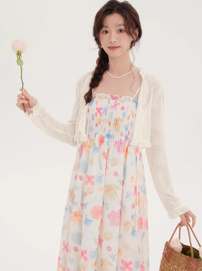 Floral suspender skirt plus cardigan two-piece suit 2025 new French seaside dress R2377