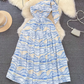 Light luxury temperament oblique collar off-shoulder waist A-line print large swing dress elegant long skirt R0393