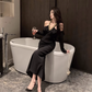 Hepburn style French dress high-end niche temperament sexy off-shoulder black dress R1781
