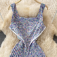 2025 new French floral dress sweet fairy suspender long skirt holiday knee-length pleated dress R0376