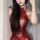 Large size new Chinese style red cheongsam dress sexy slim fit slit hip long skirt R1874