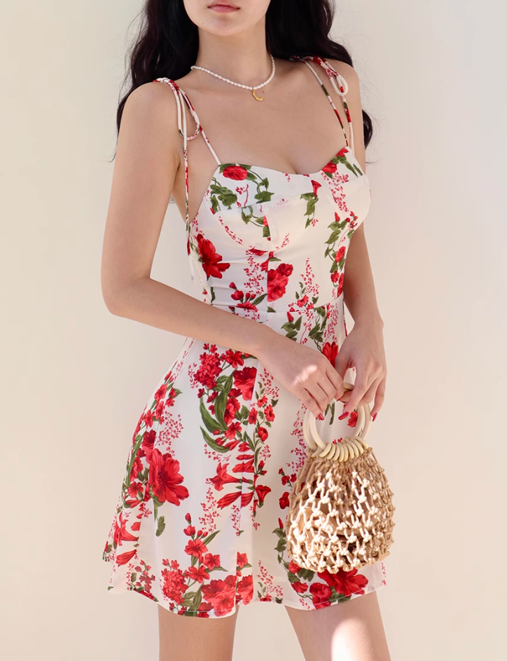 European and American style big red flower print suspender dress short skirt R2861