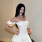 French one shoulder white strapless dress, summer dress, slim fit, waist cinching, fluffy short skirt, homecoming dress R2993