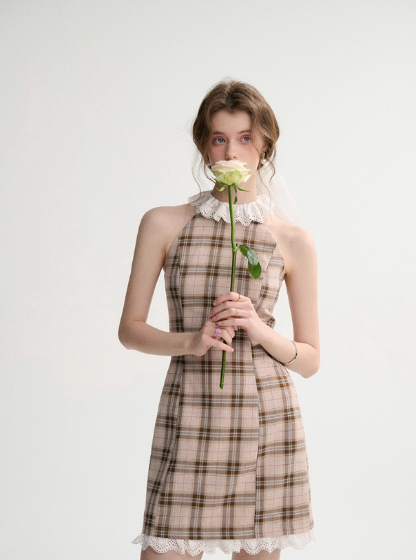 French halter neck dress summer petite outfit short skirt suspender skirt dress female spring R3528