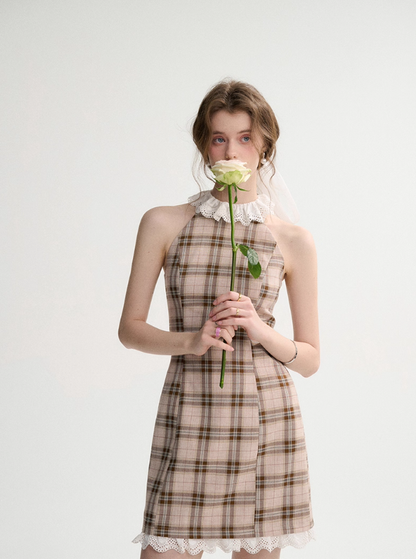 French halter neck dress summer petite outfit short skirt suspender skirt dress female spring R3528