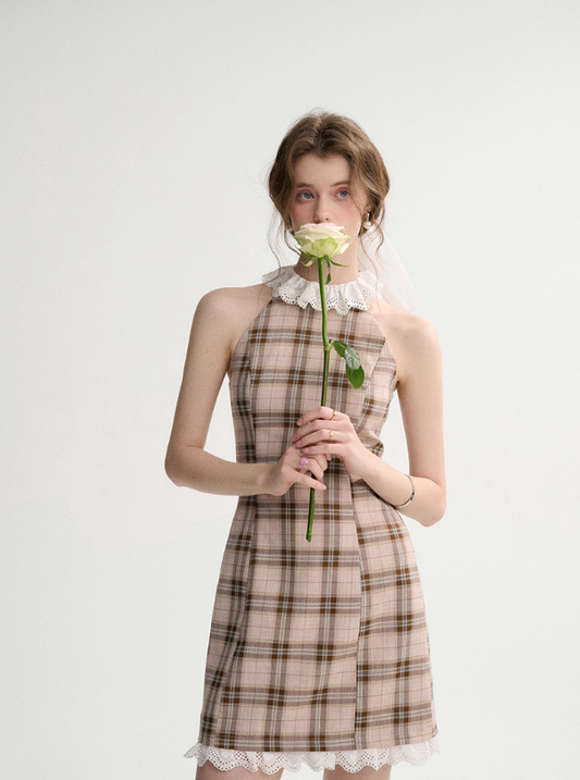 French halter neck dress summer petite outfit short skirt suspender skirt dress female spring R3528