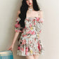 Brown floral strapless one-shoulder waisted mini skirt homecoming dress R3056