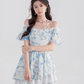 One-shoulder floral dress summer lotus leaf sleeve suspender skirt new high waist A-line skirt R4422