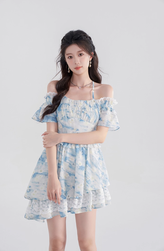 One-shoulder floral dress summer lotus leaf sleeve suspender skirt new high waist A-line skirt R4422