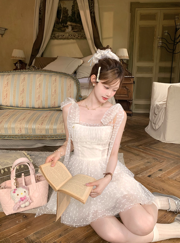 White tulle polka dot halter dress for women's summer French dress R4785