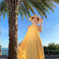 Beach dress yellow jacquard halter neck dress lazy style temperament long dress R0759