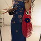 Retro blue floral dress sexy waist slim hip suspender skirt R0640