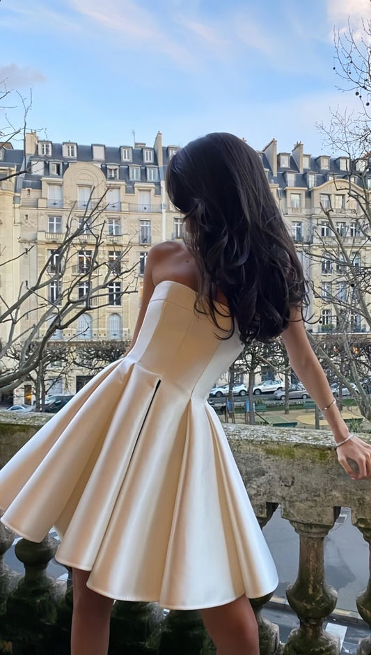 Satin high-quality texture tube top waist A-line elegant short skirt homecoming dress R3663