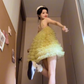 Yellow mesh suspender dress 2025 new gentle sweet style a-line short skirt R0807