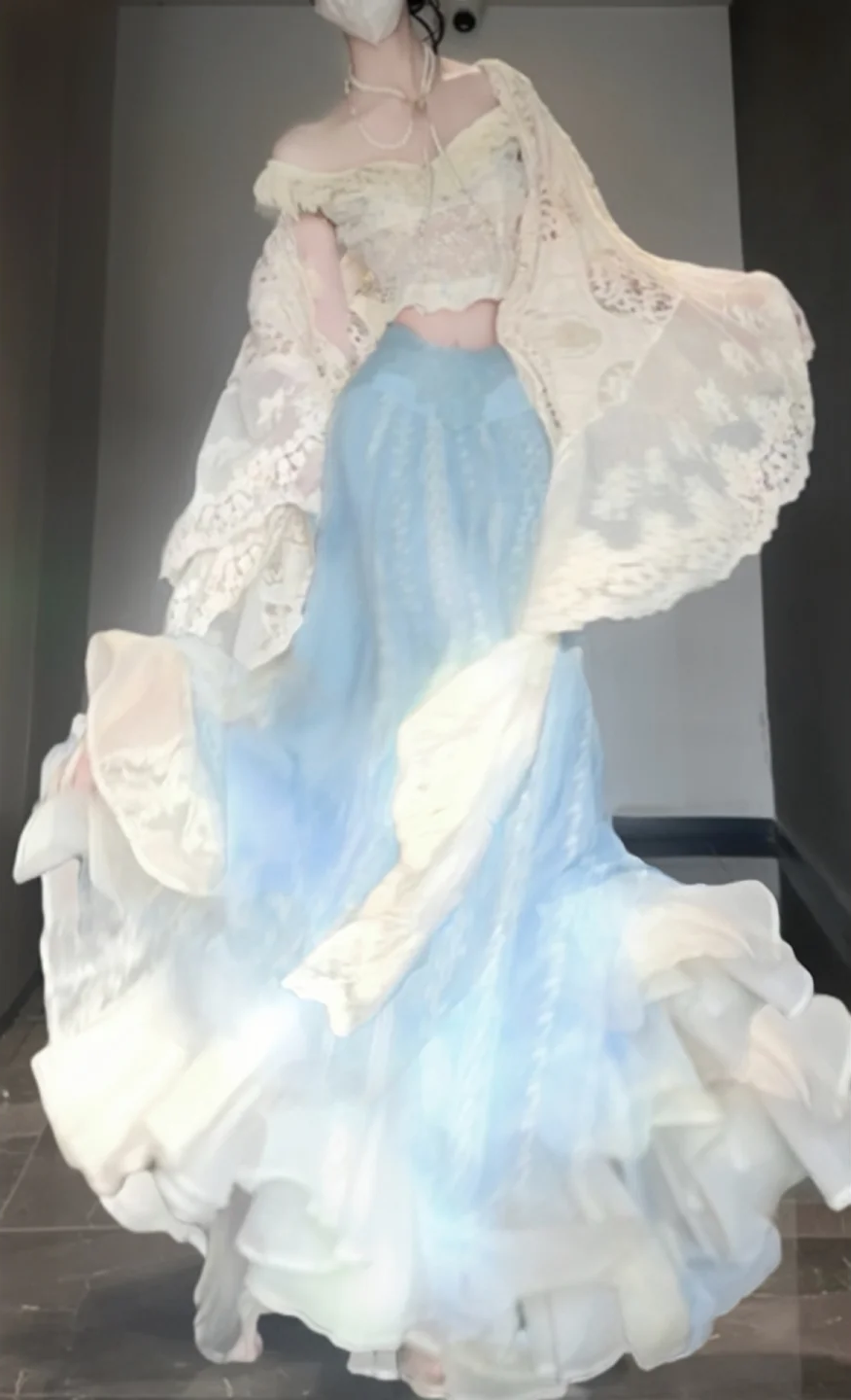 Gentle temperament white one-shoulder top a-line skirt two-piece set R0808