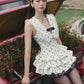 White polka dot V-neck waist cake puffy skirt homecoming dress R2937