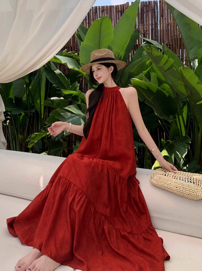 Travel wear red long skirt loose slim print skirt island vacation halter dress R1762