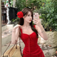 Beautiful red suspender dress sexy seaside holiday irregular short skirt R1477