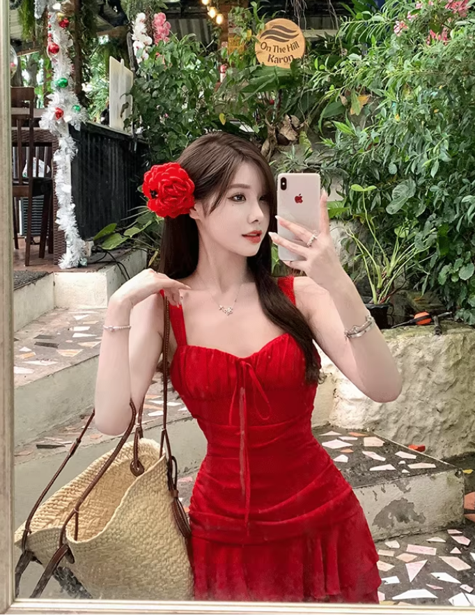 Beautiful red suspender dress sexy seaside holiday irregular short skirt R1477
