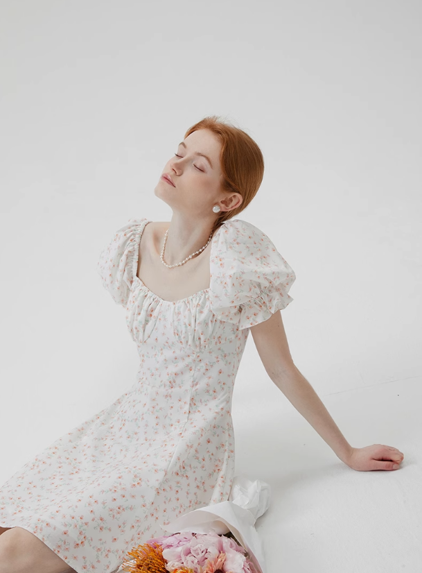 Jasmine French floral dress small fresh sweet puff sleeve short skirt R2763