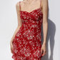 French retro girl red bottom floral dress waist slim ruffled suspender dress R2819