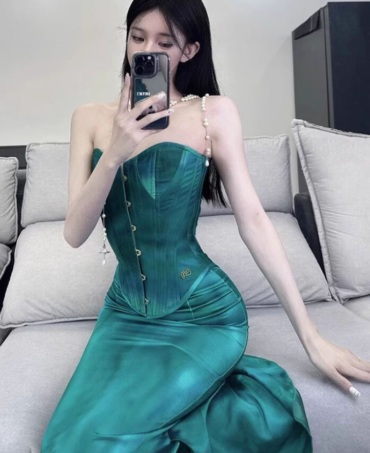 French retro herringbone tube top 2025 plus size satin hip skirt suit R1422