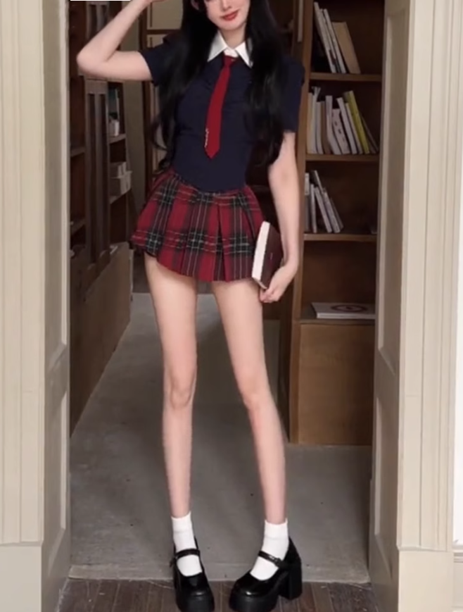 College style short embroidered shirt 2025 sweet and spicy plaid pleated skirt suit R1180