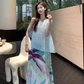 Fashion suit irregular pleats loose cover flesh thin sleeveless vest pleated printed skirt two-piece suit R1729