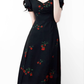 2025 Summer New French Retro Square Neck Black Floral Puff Sleeve Dress R0908