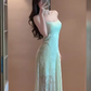 Gentle mint green jacquard suspender dress beautiful atmosphere small skirt R0806