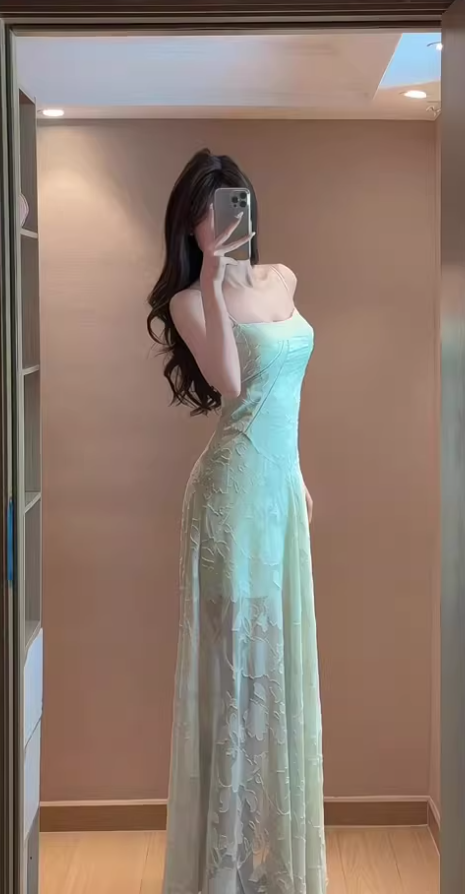 Gentle mint green jacquard suspender dress beautiful atmosphere small skirt R0806