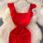 Flying sleeve suspender dress, elegant waist-length knitted hip-wrapped dress R0333