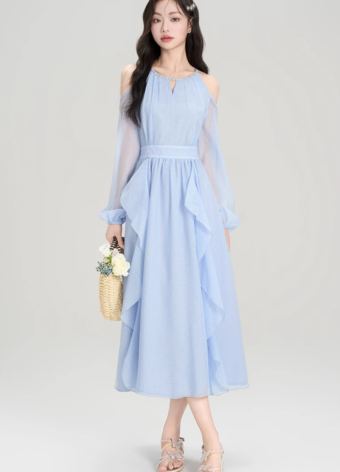 French style beautiful holiday long dress summer new ruffled halter neck off-shoulder dress R2364