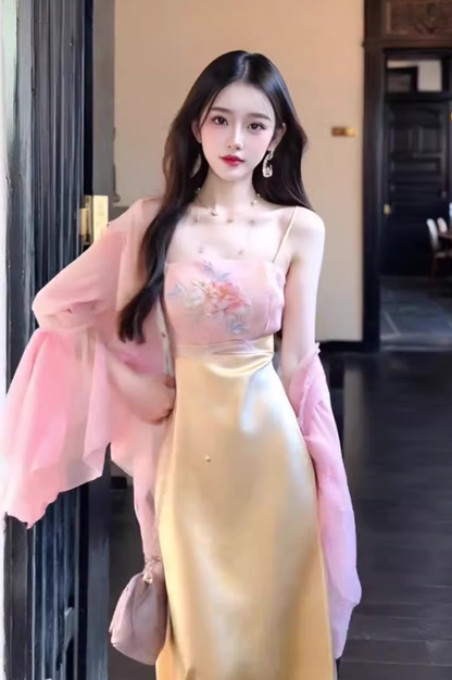 Gentle and elegant pink jacquard suspender dress with slim waist and hip skirt R0485