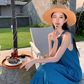 Bohemian retro blue white sling fishtail dress holiday style seaside beach dress sling dress long skirt R0196