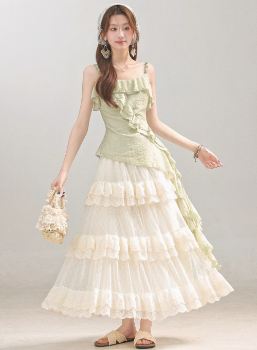 2025 summer new style temperament very good-looking green sling irregular top R1899