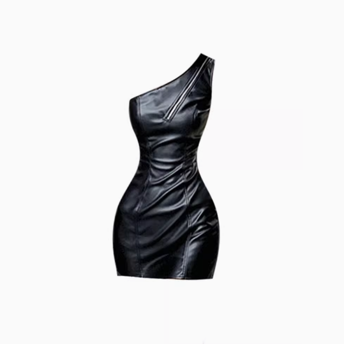 Sexy hot girl oblique shoulder zipper dress 2025 design waist hip leather skirt R1102