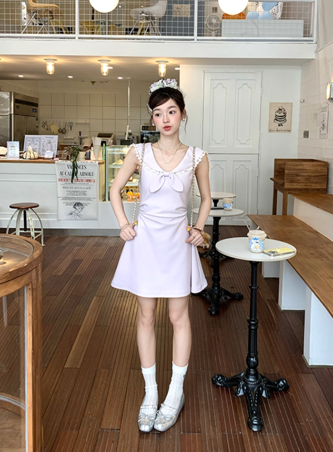 Navy collar bow waist dress summer French fashion temperament skirt R4738