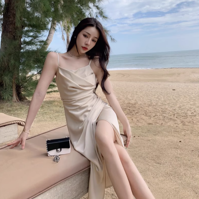 Acetate Satin Sexy Slit Neck Suspender Dress Beach Dress for Vacation R1515