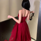 Fairy dress red beach dress vacation travel wear high waist irregular suspender skirt R1581