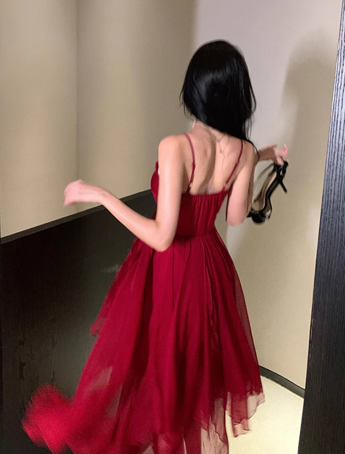 Fairy dress red beach dress vacation travel wear high waist irregular suspender skirt R1581