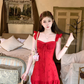 Red waist hollow suspender dress women's summer French temperament skirt R4700