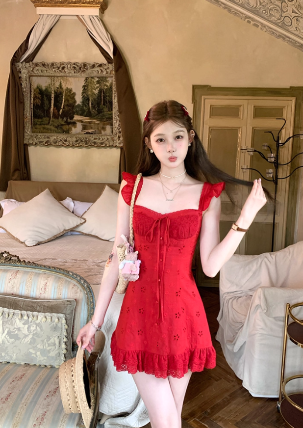 Red waist hollow suspender dress women's summer French temperament skirt R4700