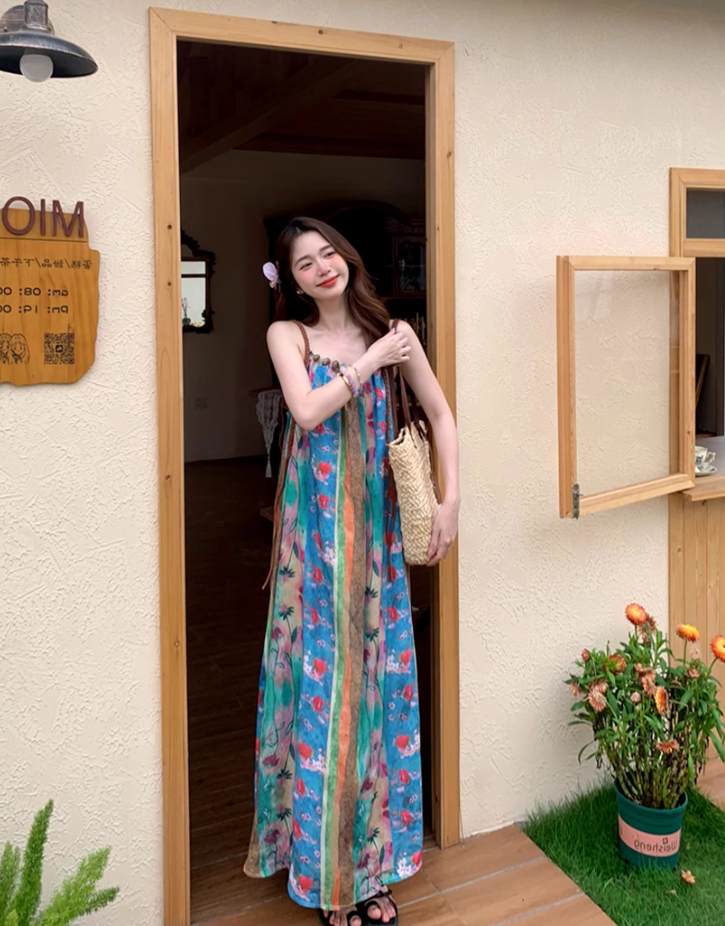 Fairy ethnic style holiday travel wear floral suspender long skirt loose oil painting dress R1750