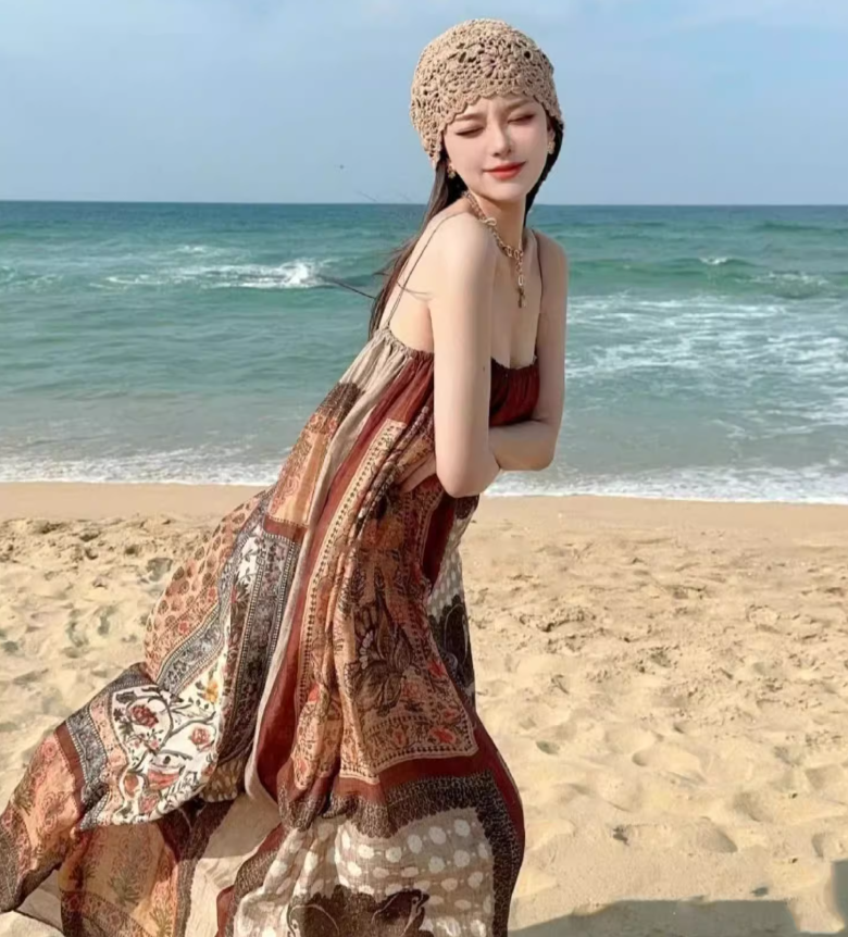 Travel wear retro ethnic style Bohemian suspender dress seaside beach dress R1623