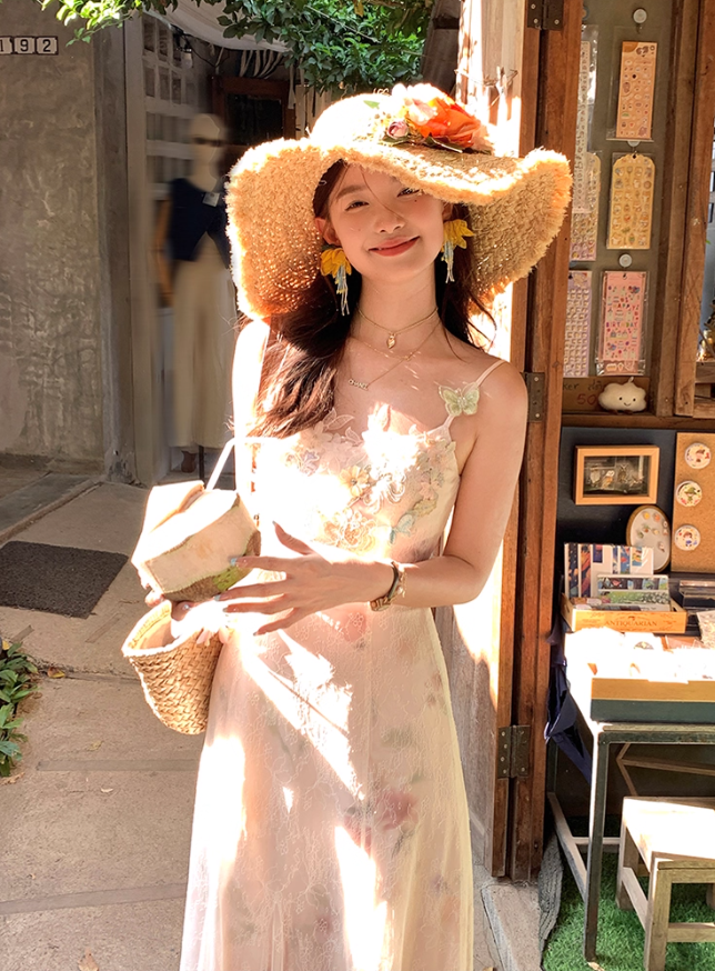 Pink long printed waist fishtail suspender dress for women summer French style slim temperament skirt R4821