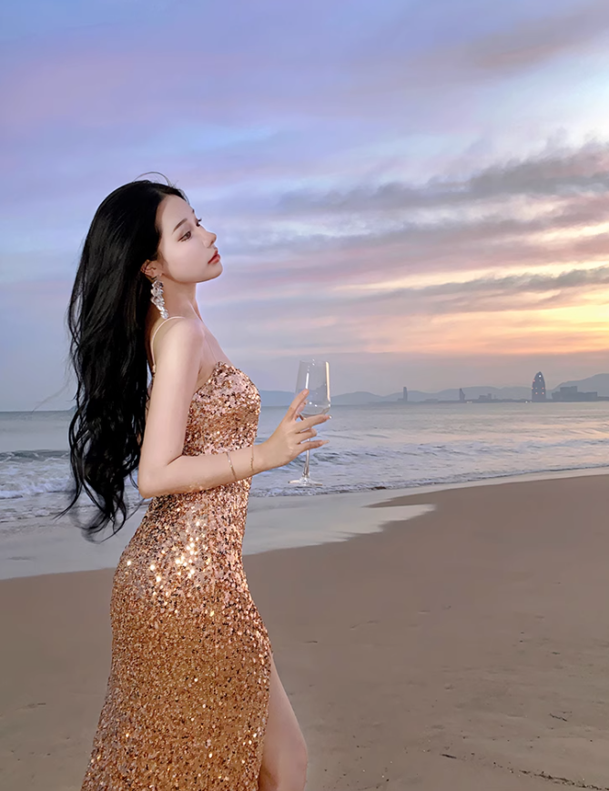 Sexy gold sequined suspender dress with slit hip-hugging holiday beach dress dress R1490