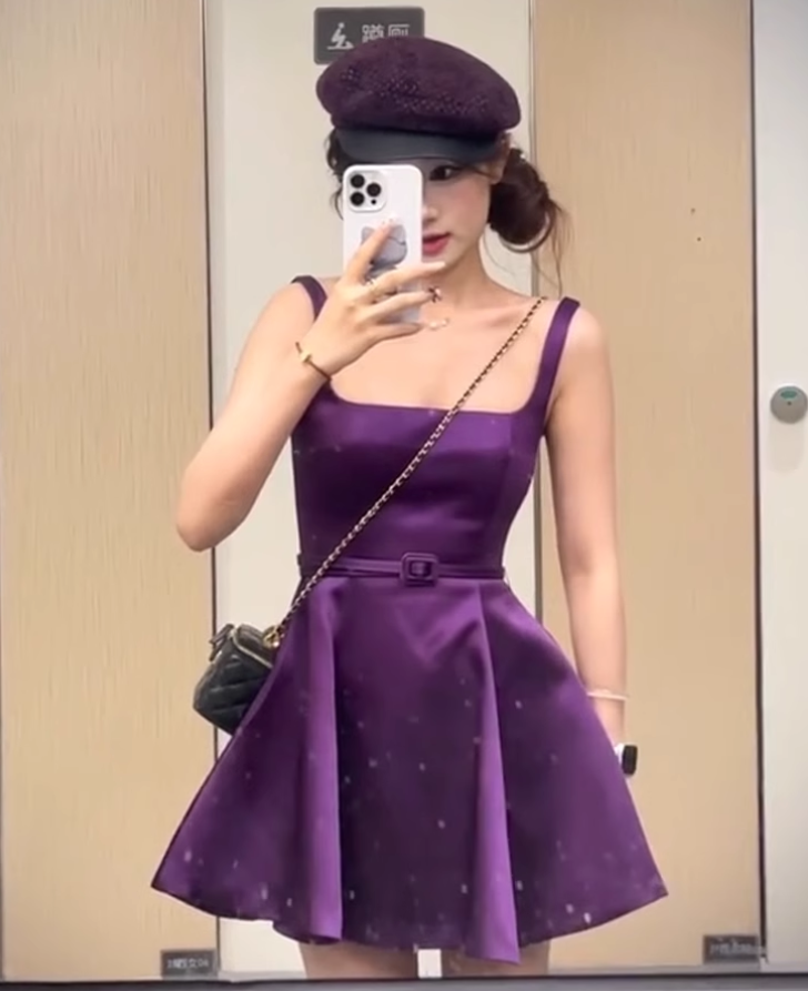 Large size French pure desire section high-end sling dress waist purple dress skirt R1885